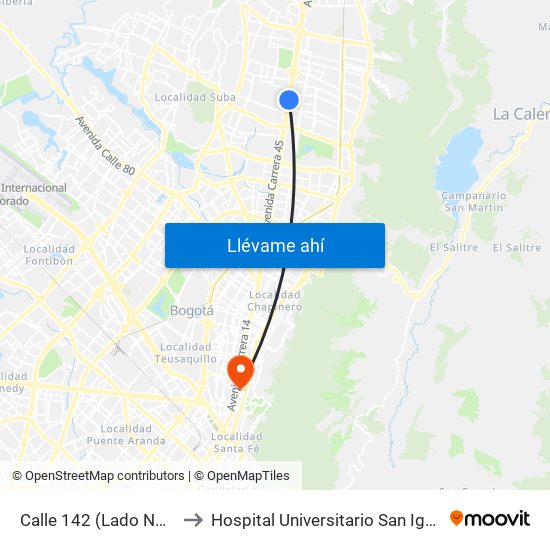 Calle 142 (Lado Norte) to Hospital Universitario San Ignacio map