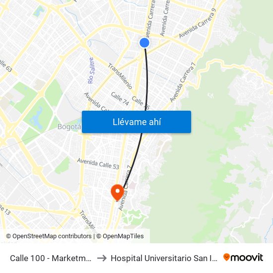 Calle 100 - Marketmedios to Hospital Universitario San Ignacio map