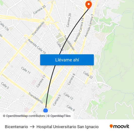 Bicentenario to Hospital Universitario San Ignacio map