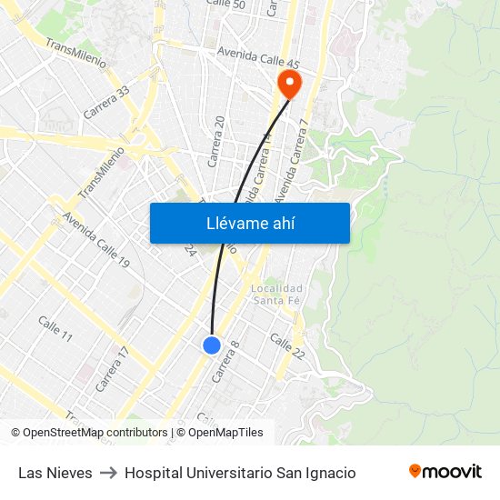 Las Nieves to Hospital Universitario San Ignacio map