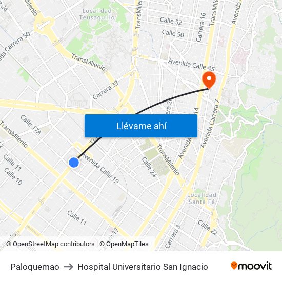 Paloquemao to Hospital Universitario San Ignacio map