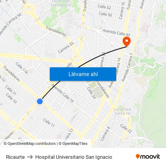 Ricaurte to Hospital Universitario San Ignacio map