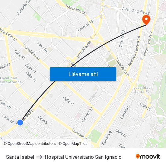 Santa Isabel to Hospital Universitario San Ignacio map