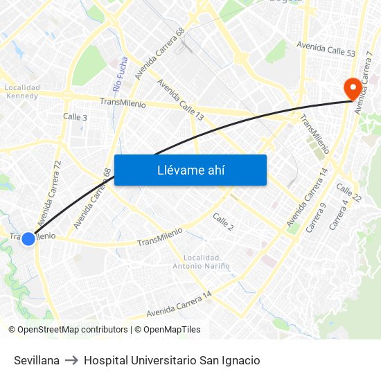 Sevillana to Hospital Universitario San Ignacio map