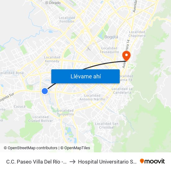 C.C. Paseo Villa Del Río - Madelena to Hospital Universitario San Ignacio map