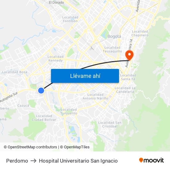 Perdomo to Hospital Universitario San Ignacio map