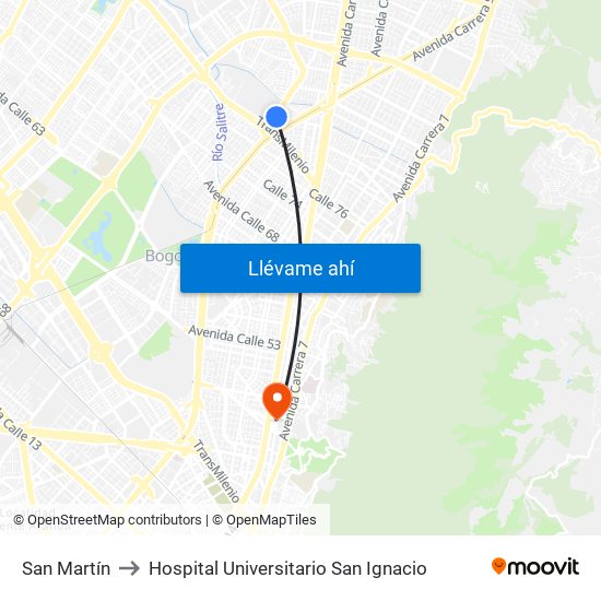 San Martín to Hospital Universitario San Ignacio map