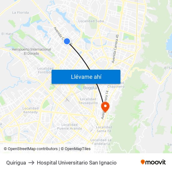 Quirigua to Hospital Universitario San Ignacio map