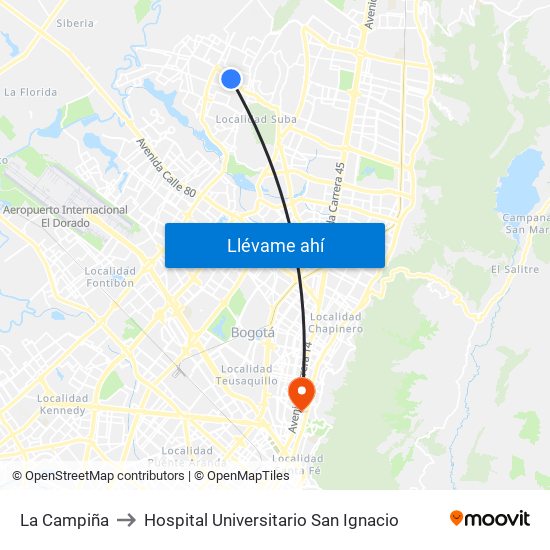 La Campiña to Hospital Universitario San Ignacio map