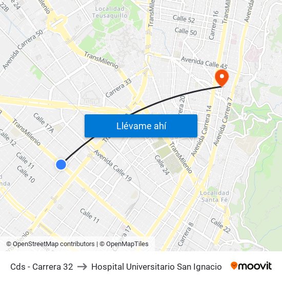 Cds - Carrera 32 to Hospital Universitario San Ignacio map