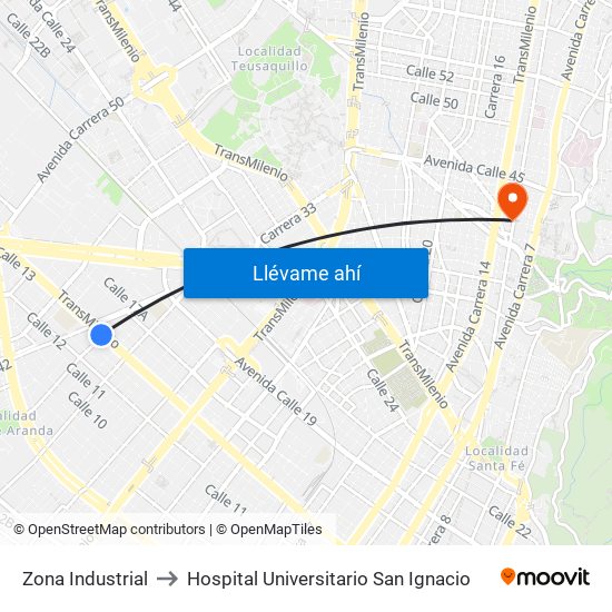 Zona Industrial to Hospital Universitario San Ignacio map