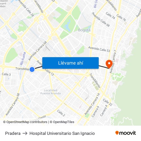 Pradera to Hospital Universitario San Ignacio map