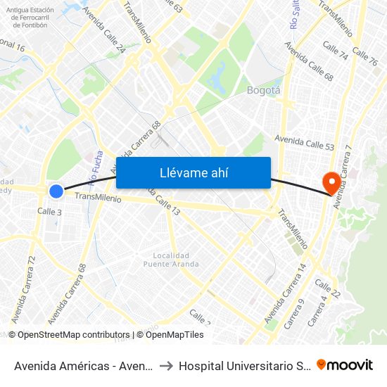 Avenida Américas - Avenida Boyacá to Hospital Universitario San Ignacio map