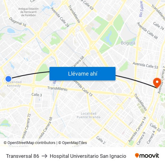 Transversal 86 to Hospital Universitario San Ignacio map