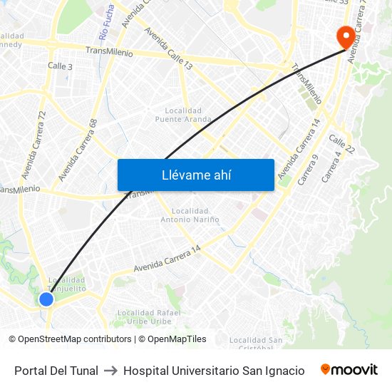 Portal Del Tunal to Hospital Universitario San Ignacio map