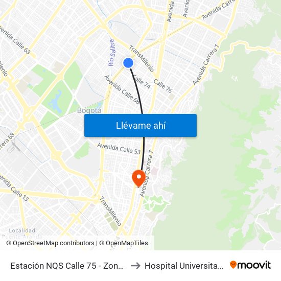 Estación NQS Calle 75 - Zona M (Av. NQS - Cl 75) to Hospital Universitario San Ignacio map