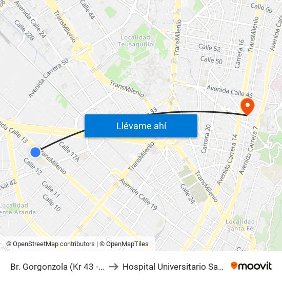 Br. Gorgonzola (Kr 43 - Cl 12b) to Hospital Universitario San Ignacio map