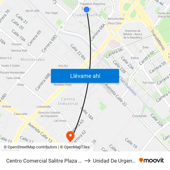 Centro Comercial Salitre Plaza (Av. La Esperanza - Kr 68b) to Unidad De Urgencias Eps Sanitas map