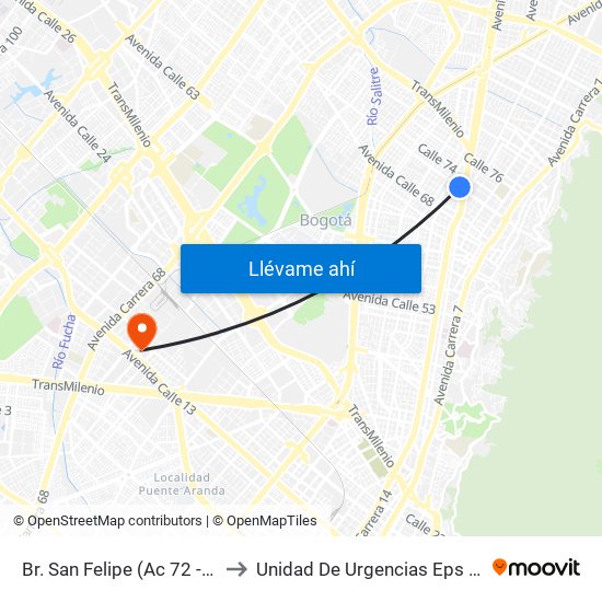 Br. San Felipe (Ac 72 - Kr 17) to Unidad De Urgencias Eps Sanitas map