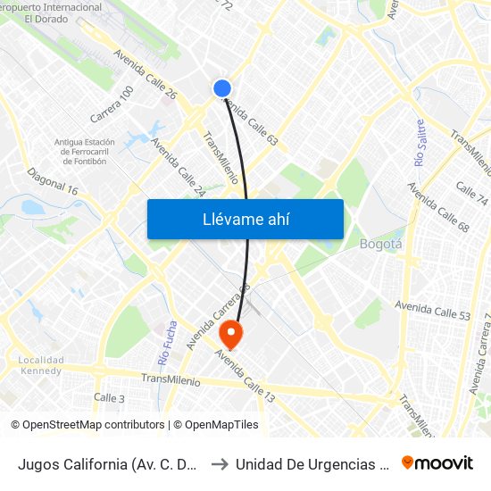 Jugos California (Av. C. De Cali - Ac 63) to Unidad De Urgencias Eps Sanitas map