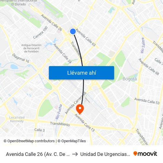 Avenida Calle 26 (Av. C. De Cali - Cl 51) (A) to Unidad De Urgencias Eps Sanitas map