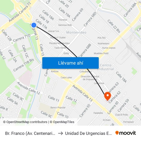 Br. Franco (Av. Centenario - Kr 69b) to Unidad De Urgencias Eps Sanitas map