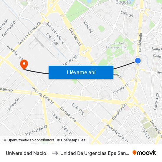 Universidad Nacional to Unidad De Urgencias Eps Sanitas map