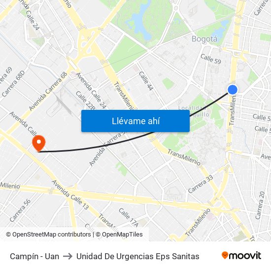 Campín - Uan to Unidad De Urgencias Eps Sanitas map