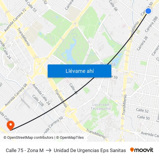 Calle 75 - Zona M to Unidad De Urgencias Eps Sanitas map