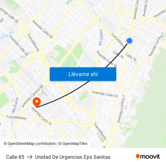 Calle 85 to Unidad De Urgencias Eps Sanitas map