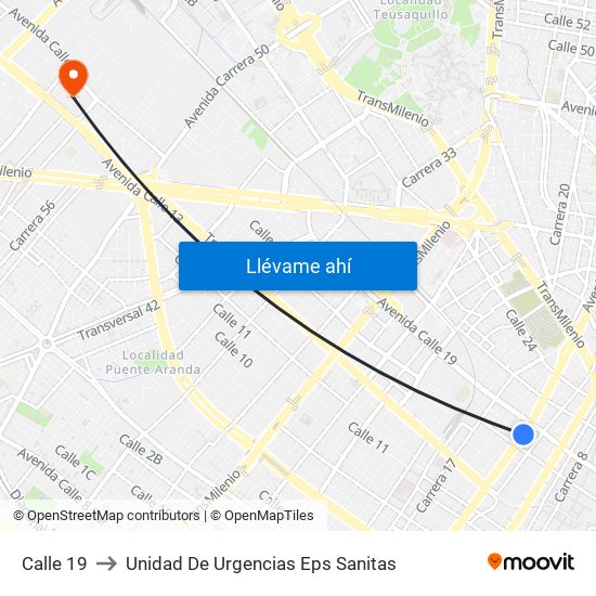 Calle 19 to Unidad De Urgencias Eps Sanitas map