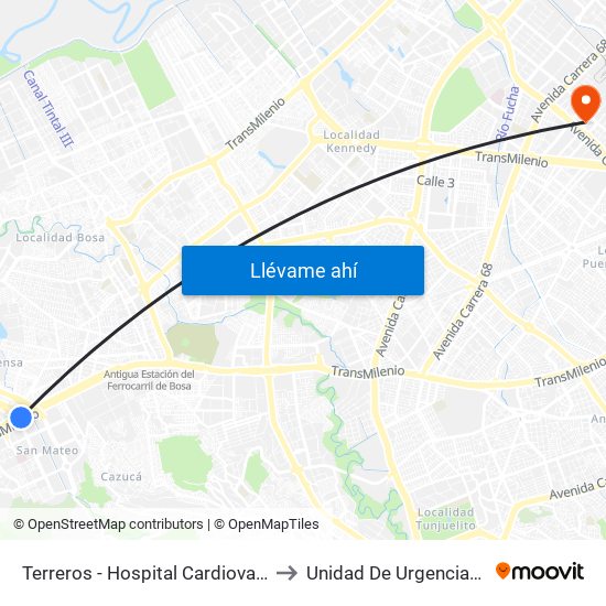 Terreros - Hospital Cardiovascular (Lado Sur) to Unidad De Urgencias Eps Sanitas map