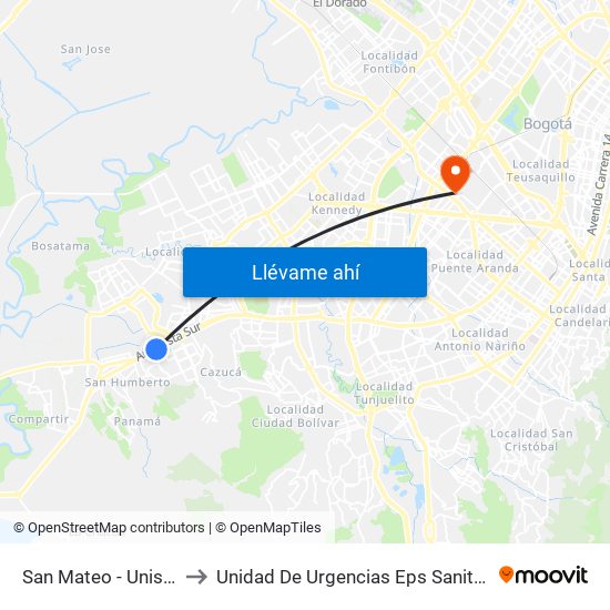 San Mateo - Unisur to Unidad De Urgencias Eps Sanitas map