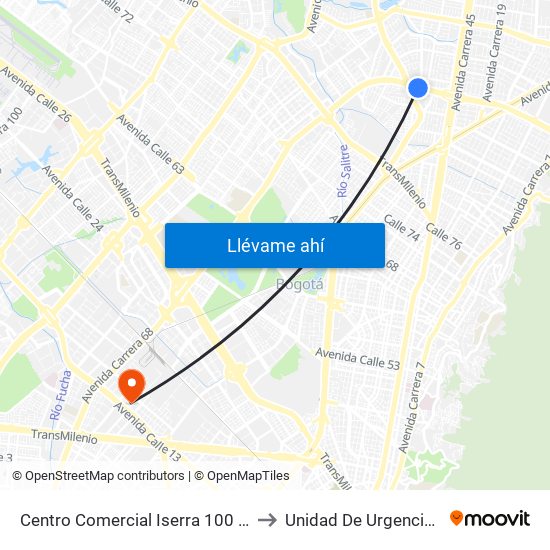 Centro Comercial Iserra 100 (Ac 100 - Kr 54) (B) to Unidad De Urgencias Eps Sanitas map