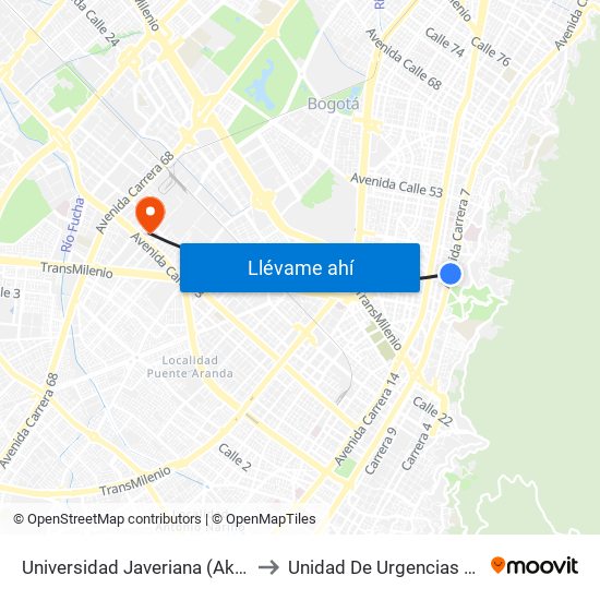 Universidad Javeriana (Ak 7 - Cl 40) (B) to Unidad De Urgencias Eps Sanitas map