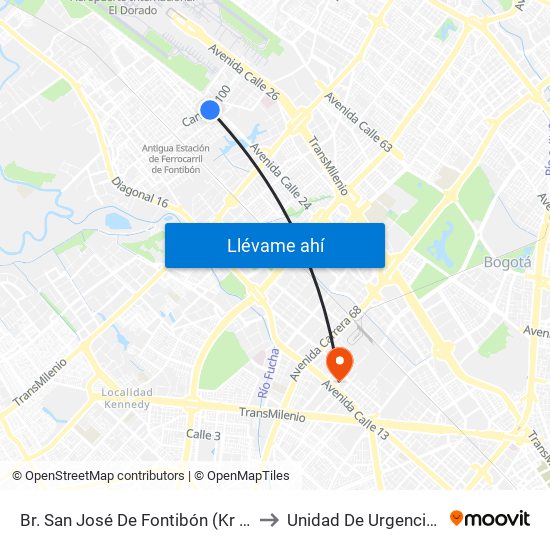 Br. San José De Fontibón (Kr 100 - Av. Esperanza) to Unidad De Urgencias Eps Sanitas map