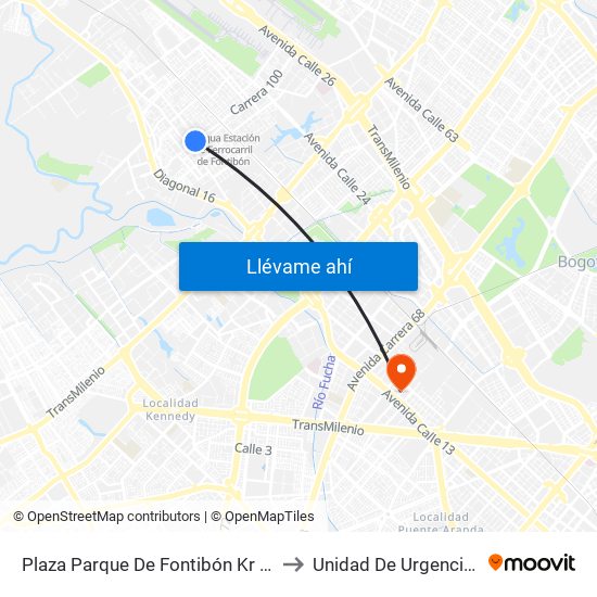 Plaza Parque De Fontibón Kr 100 (Kr 100 - Cl 17a) to Unidad De Urgencias Eps Sanitas map
