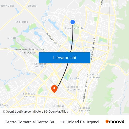 Centro Comercial Centro Suba (Av. Suba - Kr 91) to Unidad De Urgencias Eps Sanitas map