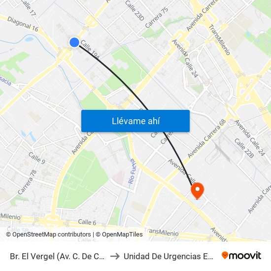 Br. El Vergel (Av. C. De Cali - Cl 18) to Unidad De Urgencias Eps Sanitas map
