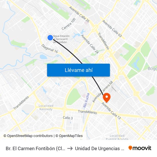 Br. El Carmen Fontibón (Cl 17 - Kr 100) to Unidad De Urgencias Eps Sanitas map