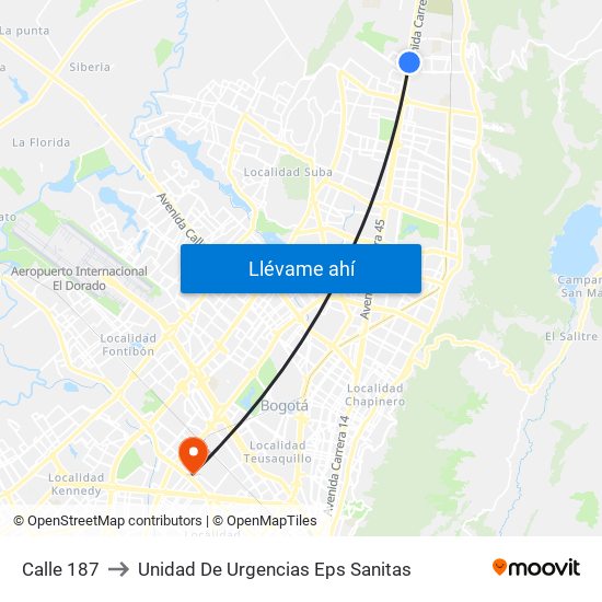 Calle 187 to Unidad De Urgencias Eps Sanitas map