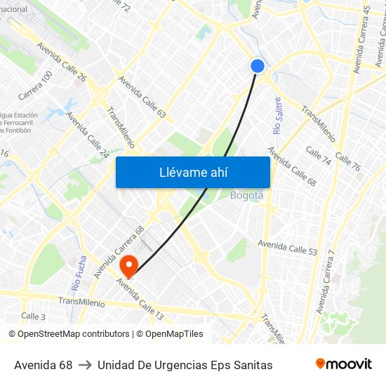 Avenida 68 to Unidad De Urgencias Eps Sanitas map