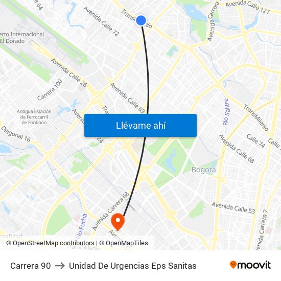 Carrera 90 to Unidad De Urgencias Eps Sanitas map