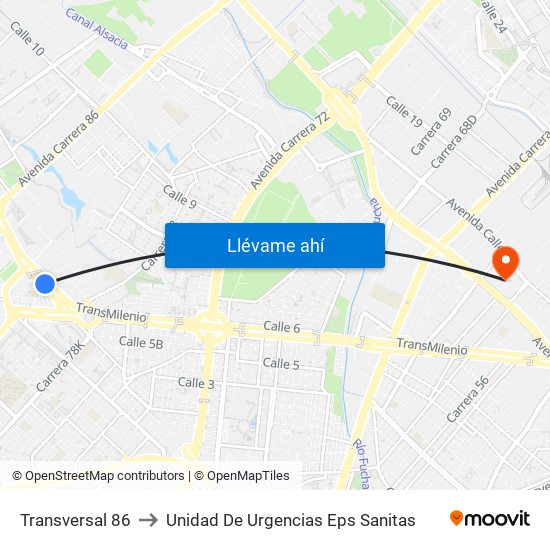 Transversal 86 to Unidad De Urgencias Eps Sanitas map