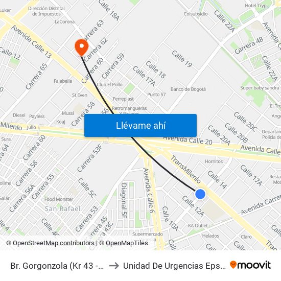 Br. Gorgonzola (Kr 43 - Cl 12b) to Unidad De Urgencias Eps Sanitas map