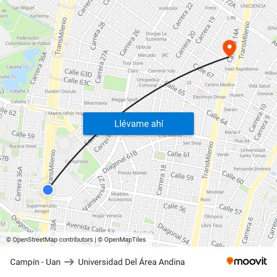 Campín - Uan to Universidad Del Área Andina map