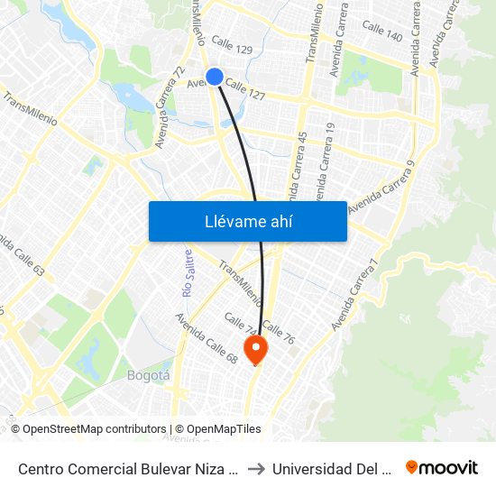 Centro Comercial Bulevar Niza (Ac 127 - Av. Suba) to Universidad Del Área Andina map