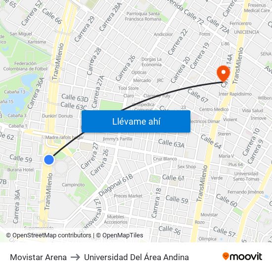 Movistar Arena to Universidad Del Área Andina map