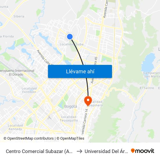 Centro Comercial Subazar (Av. Suba - Kr 91) to Universidad Del Área Andina map