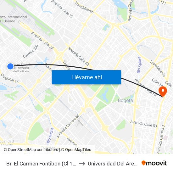 Br. El Carmen Fontibón (Cl 17 - Kr 100) to Universidad Del Área Andina map